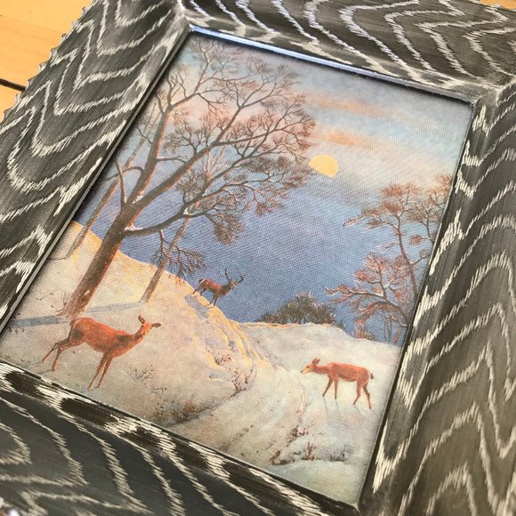 Foil Art Print Vintage Winter Moonlight Forest Wildlife Deer Scene Made in USA - Picture 2 of 4